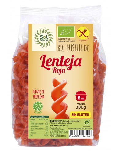 Fusilli De Lenteja Roja Sin Gluten Bio 300 Gramos  Sol Natural