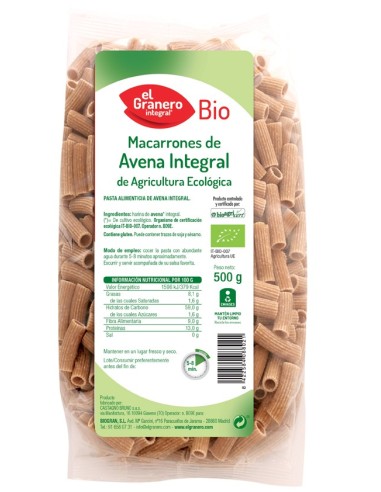 Macarrones De Avena Integral Bio, 500 G de El Granero Integr