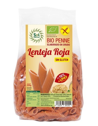 Pack 6 Uds. Penne Lenteja Roja Con Lino Sin Gluten Bio 250 g  de Solnatural